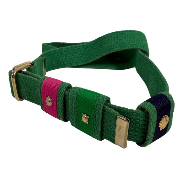 Vintage Green Adjustable Woven Belt Pink Green Navy Ribbon Accents w/ Charms - Picture 1 of 3